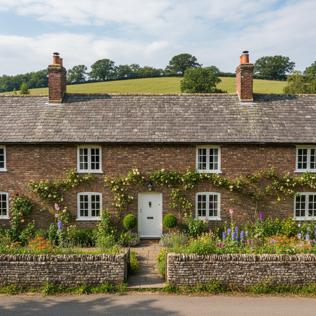 A charming brick cottage with a slate roof and white trim sits behind a stone wall and a vibrant flower garden.
