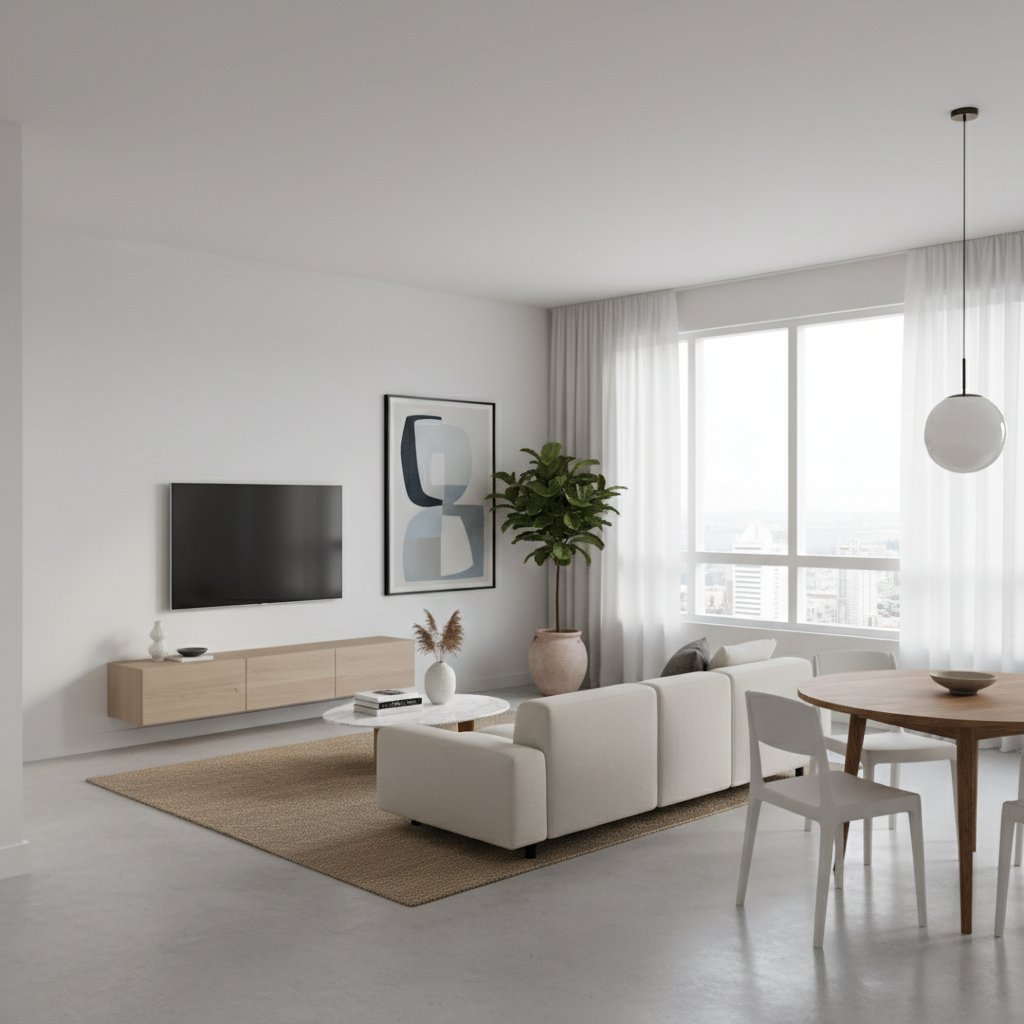 A modern, minimalist living room features a white sofa, a floating wooden media console, a round dining table, and large windows overlooking a city skyline.