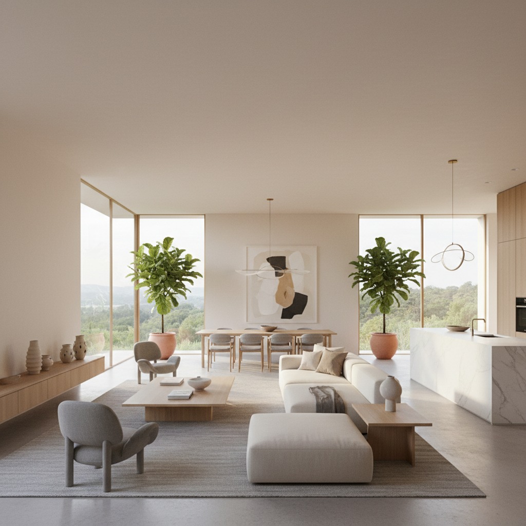 A spacious, minimalist open-plan living and dining area features a neutral color palette, large windows with a scenic view, and modern furniture.